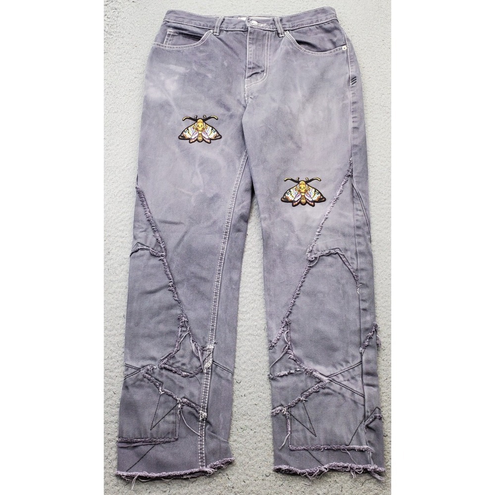 BDG Urban Outfitters Sneaker Stack Jeans Womens 28 Multi Moth Patches Distressed